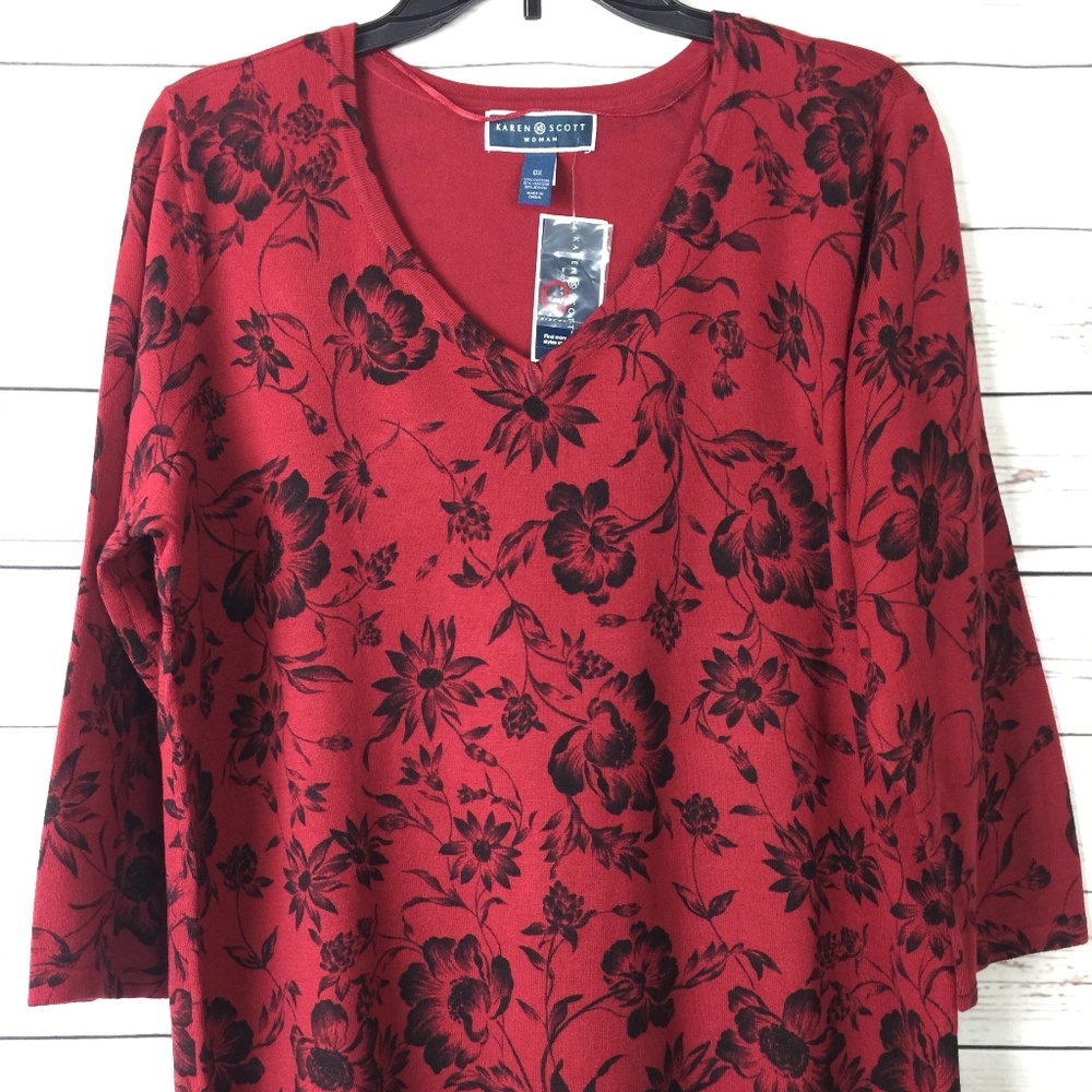 Karen Scott Red 3/4 Sleeve V-Neck Floral-Print Top